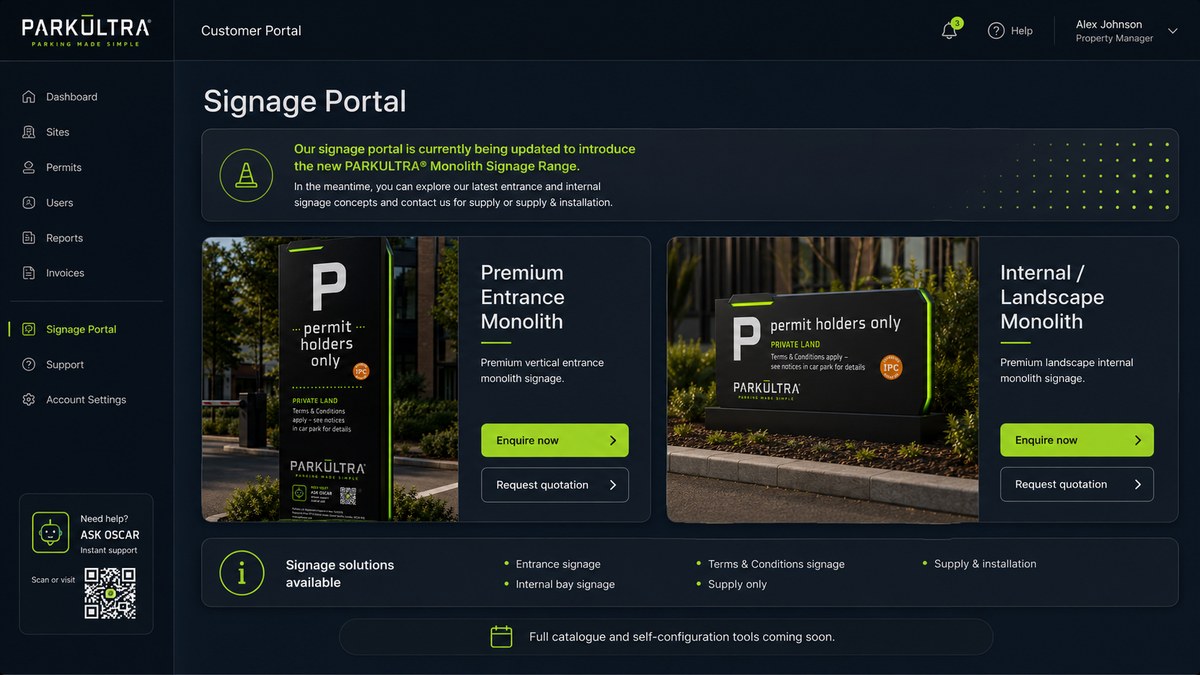 PARKULTRA signage portal interface